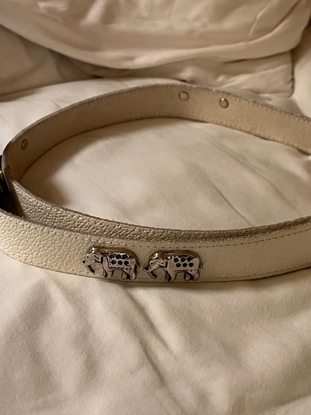 Women’s White Leather Elephant Belt 36 inches Long Safari Chrome Graphics